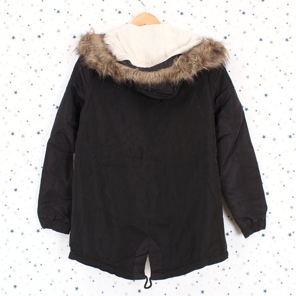 Black Faux Fur Hooded Sherpa Fur Lined Jacket - Picture 7 of 14